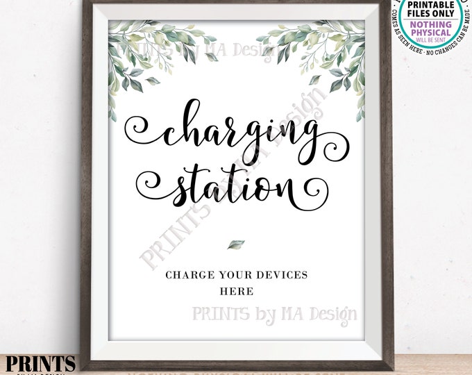 Charging Station Sign, Charge Your Devices Here, Recharge Bar, Watercolor Leaves Eucalyptus Greenery, PRINTABLE 8x10/16x20” Sign <ID>