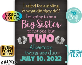 I'm Going to be a Big Sister to Twins Pregnancy Announcement, PRINTABLE 8x10/16x20” Chalkboard Style Twins Sign <Edit Yourself with Corjl>