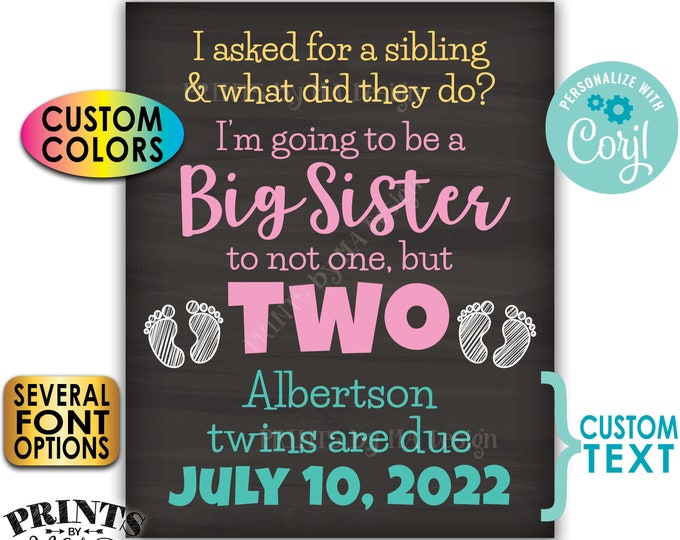 I'm Going to be a Big Sister to Twins Pregnancy Announcement, PRINTABLE 8x10/16x20” Chalkboard Style Twins Sign <Edit Yourself with Corjl>