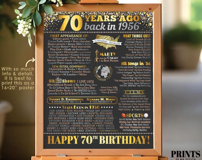 70th Birthday Poster Board, Born in the Year 1956, Flashback 70 Years Ago B-day Gift, PRINTABLE 16x20” Back in '56 Sign, 70th Gift <ID>