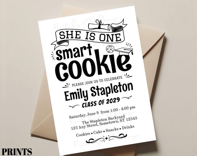 One Smart Cookie Graduation Party Invitation, Black & White Custom PRINTABLE 5x7" Grad Invite that the Shop Edits For You!