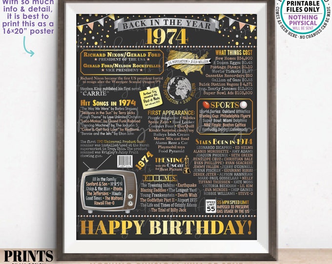 Back in the Year 1974 Birthday Sign, Flashback to 1974 Poster Board, ‘74 B-day Gift, Bday Decoration, PRINTABLE 16x20” Sign <ID>