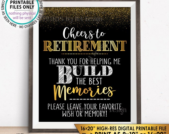 Retirement Party Sign, Leave Your Favorite Wish or Memory, Cheers to Retirement Celebration, Black & Gold 8x10" PRINTABLE Instant Download