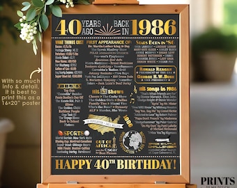 40th Birthday Poster Board, Born in the Year 1986, Flashback 40 Years Ago B-day Gift, PRINTABLE 16x20” Back in 1986 Sign, 40th Gift <ID>