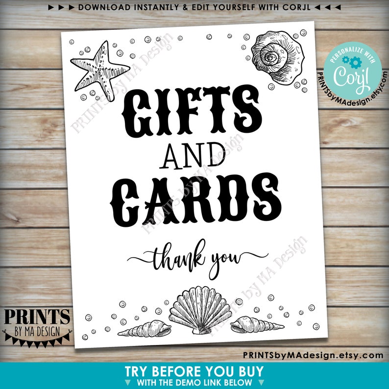 May include: Black and white printable sign with the text "Gifts and Cards" in a bold, decorative font. The sign is decorated with seashells and a starfish. The text "Thank you" is written in cursive below the main text.