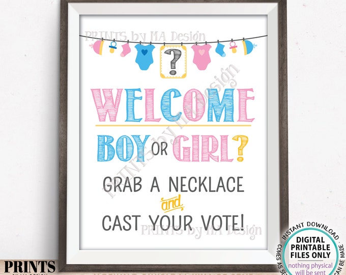 Gender Reveal Sign, Boy or Girl? Grab a Necklace and Cast Your Vote Gender Reveal Party, Vote Pink/Blue, Boy/Girl, PRINTABLE 8x10” Sign <ID>