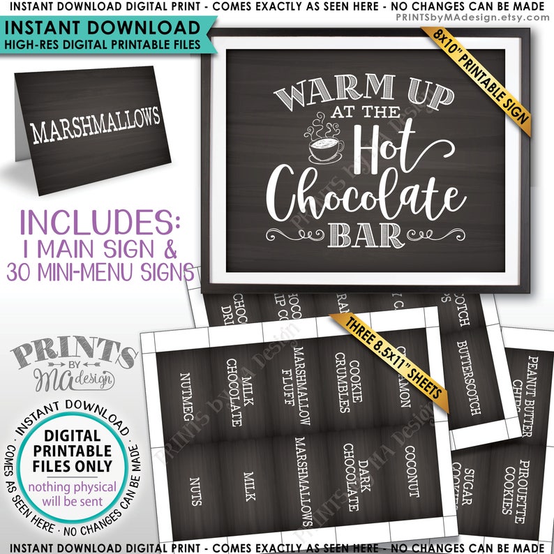 Hot Chocolate Bar Kit, Build Your Own Hot Cocoa Ingredients Labels, Winter, Fall, Instant Download Chalkboard Style PRINTABLE Sign & Labels image 1