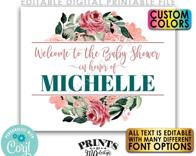 Editable Baby Shower Welcome Sign, Rose Gold Blush Floral, Custom PRINTABLE 8x10/16x20” Editable Template <Edit Yourself w/Corjl>
