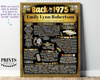 Back in the Year 1975 Birthday Sign, Flashback to 1975 Poster Board, Golden Birthday Gift, Custom PRINTABLE 16x20” B-day Decoration