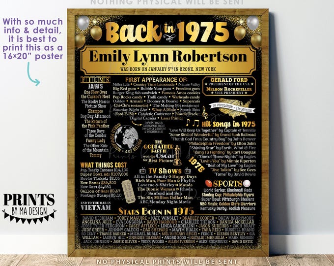 Back in the Year 1975 Birthday Sign, Flashback to 1975 Poster Board, Golden Birthday Gift, Custom PRINTABLE 16x20” B-day Decoration