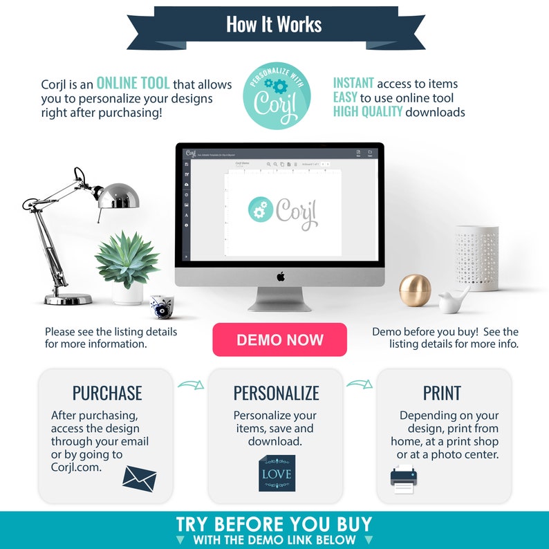 May include: A graphic showing how to use Corjl, an online tool for personalizing designs. The graphic shows a computer screen with the Corjl logo, and steps for purchasing, personalizing, and printing designs. The text "Try Before You Buy" is included with a link to a demo.