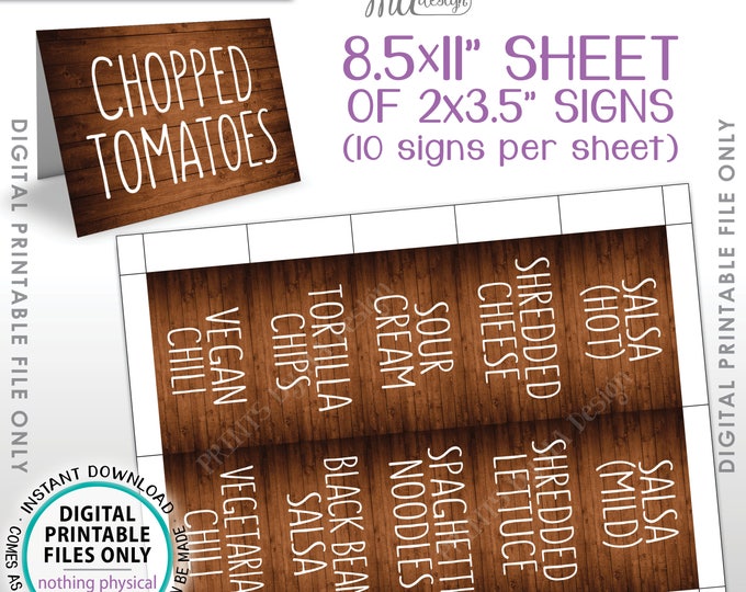Chili Bar Labels, Chili Buffet, Chili Station, Build Your Own Bowl of Chili, 30 Rustic Wood Style Labels 8.5x11” PRINTABLE Instant Downloads