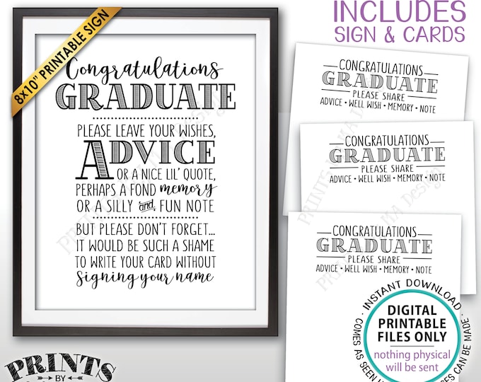 Graduation Advice, Congratulations Graduate, Memory Advice Well Wishes, PRINTABLE Graduation Party 8x10" Sign & 8.5x11" Sheet of Cards <ID>