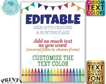 Editable Sign with Colorful Crayons & Bunting Flags, Custom PRINTABLE 8x10/16x20” Portrait Sign, Choose Text <Edit Yourself w/Corjl>