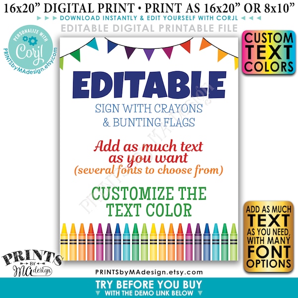 Editable Sign with Colorful Crayons & Bunting Flags, Custom PRINTABLE 8x10/16x20” Portrait Sign, Choose Text <Edit Yourself w/Corjl>