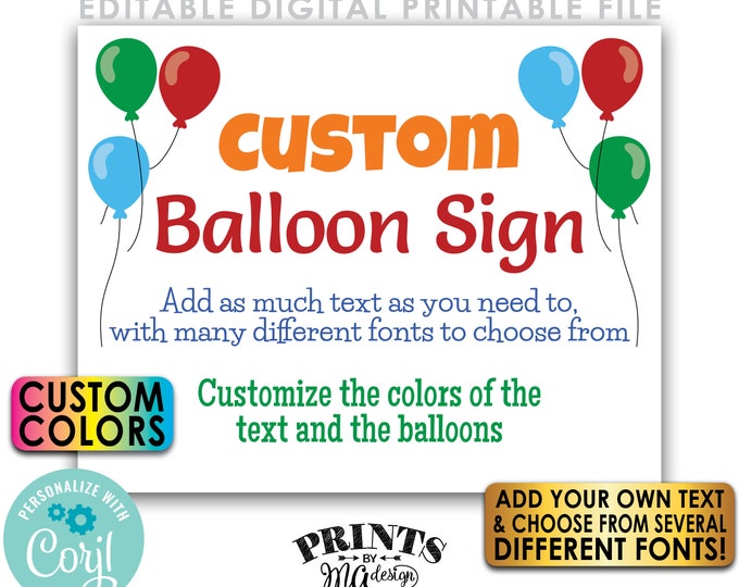 Editable Balloons Sign, One Custom PRINTABLE 8x10/16x20” Landscape Balloon Sign, Birthday Retirement Graduation <Edit Yourself with Corjl>