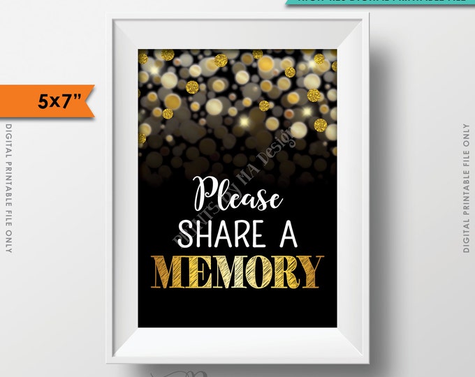 Share a Memory Sign, Write a Memory, Birthday, Anniversary, Retirement, Graduation, Black & Gold Glitter Instant Download 5x7” Printable