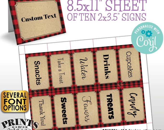 Lumberjack Place Cards, One PRINTABLE 8.5x11" Sheet of 2x3.5" Labels, Buffet Food Labels <Edit Yourself with Corjl>