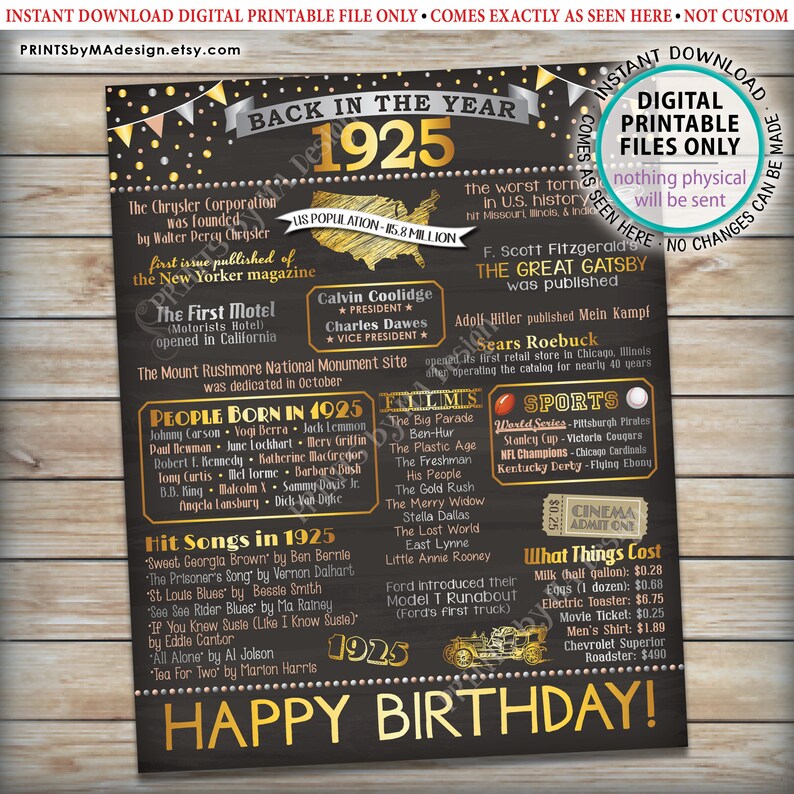 Born in 1925 Flashback Poster Back in 1925 Birthday Party | Etsy