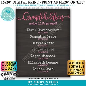 Grandchildren Make Life Grand, Grandkids Gift for Grandparents, Grandma, Grandpa, PRINTABLE Chalkboard Style Sign &lt;Edit Yourself w/Corjl&gt;