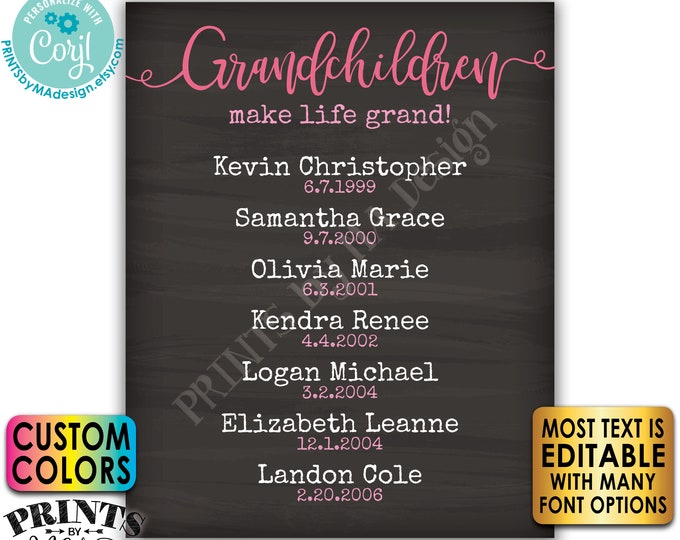 Grandchildren Make Life Grand, Grandkids Gift for Grandparents, Grandma, Grandpa, PRINTABLE Chalkboard Style Sign <Edit Yourself w/Corjl>