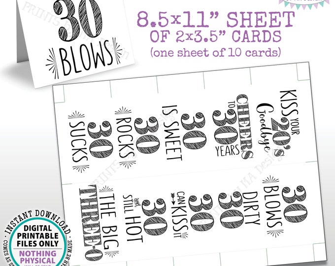 30th Birthday Party Candy Signs, Dirty Thirty Candy Bar, 30 Sucks Blows Rocks Sweet, Kiss 20s Goodbye, PRINTABLE 8.5x11” Sheet of Cards <ID>