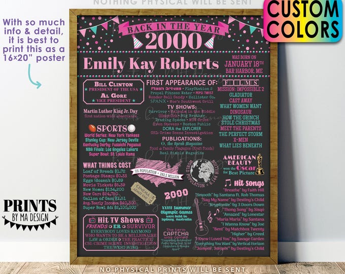 Back in the Year 2000 Birthday Sign, Flashback to 2000 Poster Board, 2000 Birthday Gift, Custom PRINTABLE 16x20” B-day Decoration