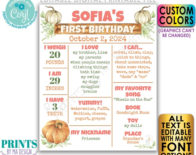 Pumpkin Themed First Birthday Poster, Editable 1st Bday Milestones Board, Custom PRINTABLE Sign, Yearly Stats <Edit Yourself w/Corjl>