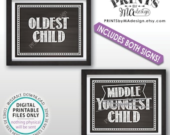 3rd Baby Pregnancy Announcement Photo Props, Oldest & Middle to Youngest Kids, Two 8x10/16x20” Chalkboard Style Baby Reveal Signs <ID>