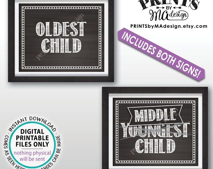3rd Baby Pregnancy Announcement Photo Props, Oldest & Middle to Youngest Kids, Two 8x10/16x20” Chalkboard Style Baby Reveal Signs <ID>