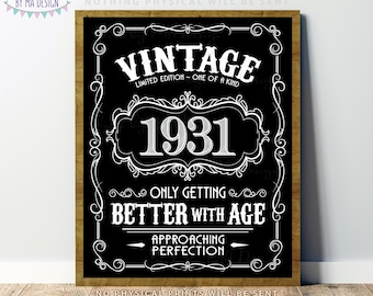 1931 Birthday Sign, Vintage Better with Age Poster, Whiskey Theme Decoration, PRINTABLE 8x10/16x20” Black & White Portrait 1931 Sign <ID>