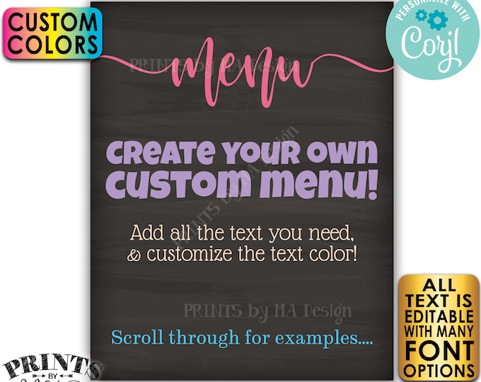 Editable Menu, PRINTABLE 8x10/16x20” Chalkboard Style Sign with Custom Colors, Wedding Anniversary, Retirement <Edit Yourself with Corjl>