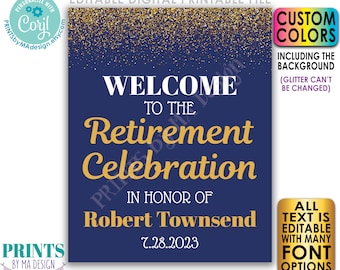 Editable Retirement Party Sign, Welcome to the Retirement Celebration, Gold Glitter, Custom PRINTABLE 16x20” Sign <Edit Yourself with Corjl>
