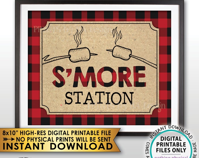 S'more Station Sign, Lumberjack Smore Station, S'mores Bar, Campfire, Red Checker Buffalo Plaid, Christmas, PRINTABLE 8x10” Smore Sign <ID>