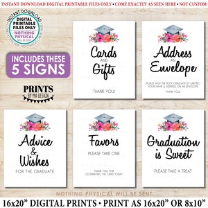 Graduation Party Signs Bundle Pack, Pink and Orange Flowers, Cards and Gifts, Advice, PRINTABLE 8x10/16x20” Grad Party Decorations <ID>