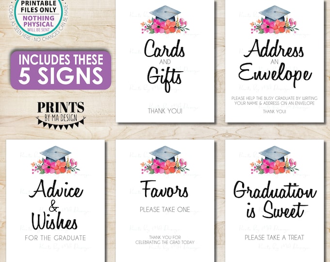 Graduation Party Signs Bundle Pack, Pink and Orange Flowers, Cards and Gifts, Advice, PRINTABLE 8x10/16x20” Grad Party Decorations <ID>