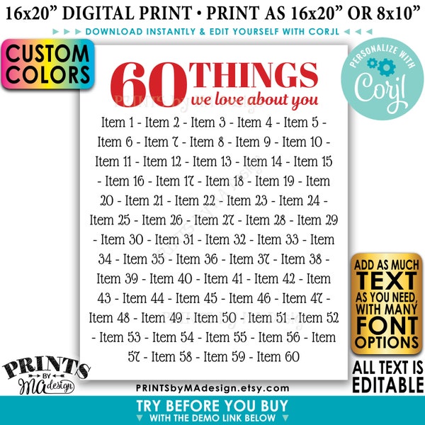 60 Things We Love About You Template - Etsy