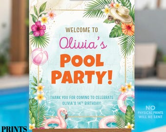 Pool Party Welcome Sign, Custom Watercolor Style PRINTABLE 8x10/16x20" Bday Sign, Flamingo, Hibiscus, Pool Floats, Digital File