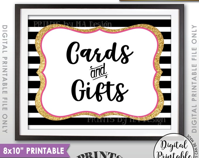 Cards and Gifts Sign, Gift Table Sign, Shower, Birthday, Graduation Party Decor, Black Pink & Gold Glitter Printable 8x10” Instant Download