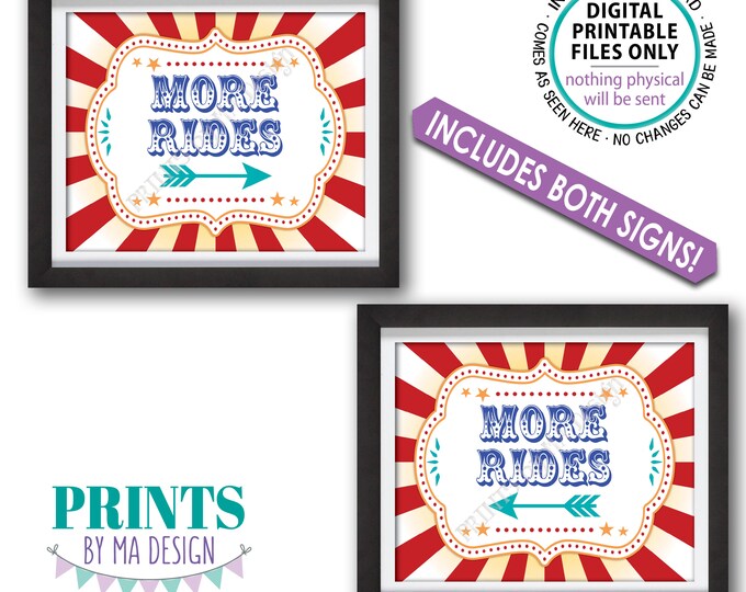 Carnival Rides Signs, More Rides This Way, Arrow Pointing towards Rides, Carnival/Circus Theme Party, Two PRINTABLE 8x10/16x20” Signs <ID>