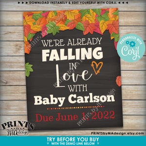 May include: A chalkboard style pregnancy announcement with autumn leaves and the text "We're already falling in love with Baby Carlson Due June 1, 2022".