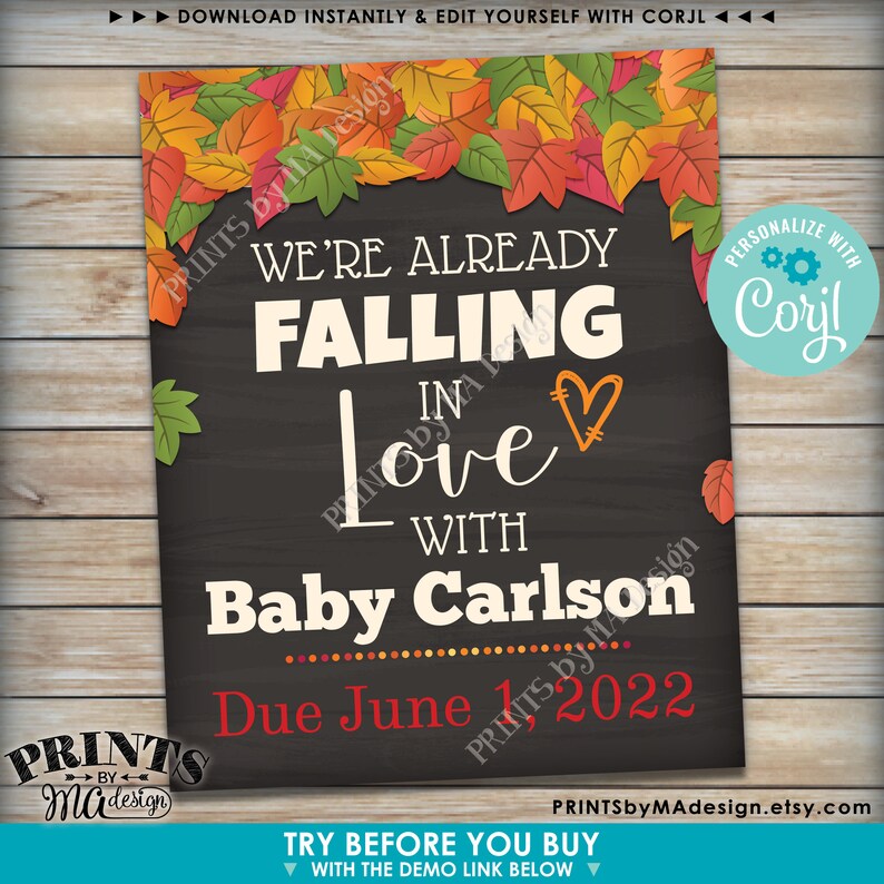 May include: A chalkboard style pregnancy announcement with autumn leaves and the text "We're already falling in love with Baby Carlson Due June 1, 2022".