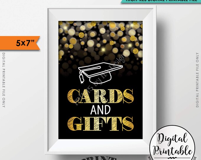 Cards and Gifts Sign, Graduation Sign, Cards & Gifts for the Graduate Sign, Grad Gifts, PRINTABLE 5x7” Black and Gold Grad Party Sign <ID>