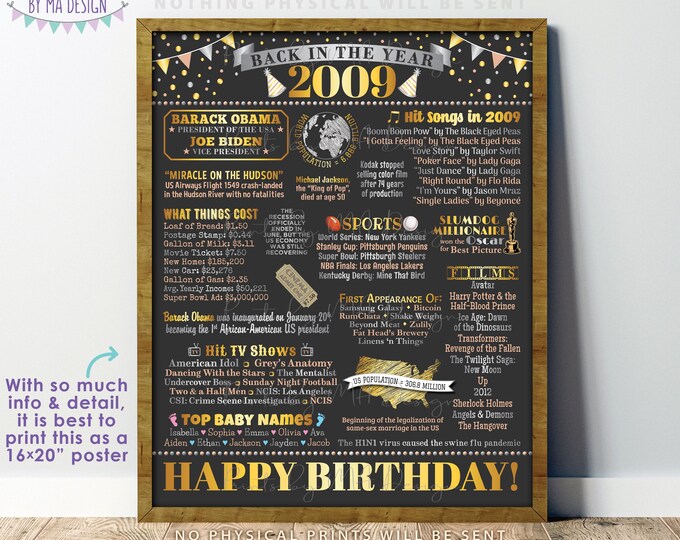 Back in the Year 2009 Birthday Sign, Flashback to 2009 Poster Board, ’09  B-day Gift, Bday Decoration, PRINTABLE 16x20 ” Sign <ID>
