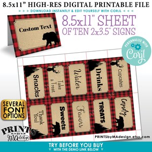 Lumberjack Place Cards, Buffet Food Labels, One PRINTABLE 8.5x11 Sheet of 2x3.5 Labels Edit Yourself with Corjl image 1