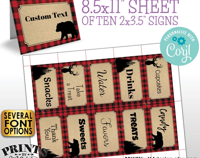 Lumberjack Place Cards, Buffet Food Labels, One PRINTABLE 8.5x11" Sheet of 2x3.5" Labels <Edit Yourself with Corjl>
