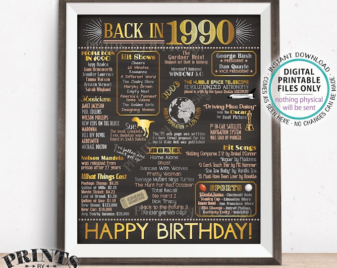 Back in 1990 Birthday Sign, Flashback to 1990 Poster Board, ’90 B-day Gift, Bday Decoration, PRINTABLE 16x20” Sign <ID>