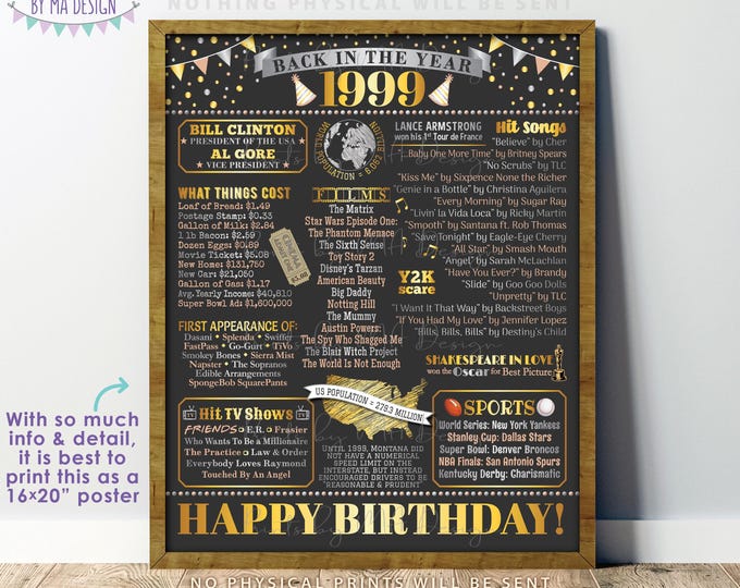 Back in the Year 1999 Birthday Sign, Flashback to 1999 Poster Board, ‘99 B-day Gift, Bday Decoration, PRINTABLE 16x20” Sign <ID>