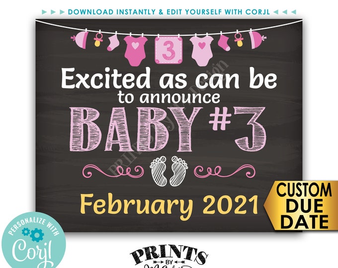 Baby Number 3 Pregnancy Announcement, It's a GIRL Gender Reveal, Chalkboard Style PRINTABLE 8x10/16x20” Sign <Edit Yourself with Corjl>