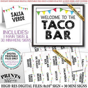 Taco Bar Sign and Labels, Taco Buffet, Build Your Own Taco Station, Mexican Fiesta, PRINTABLE 8x10" Taco Bar Sign & 2x3.5" Menu Labels <ID>
